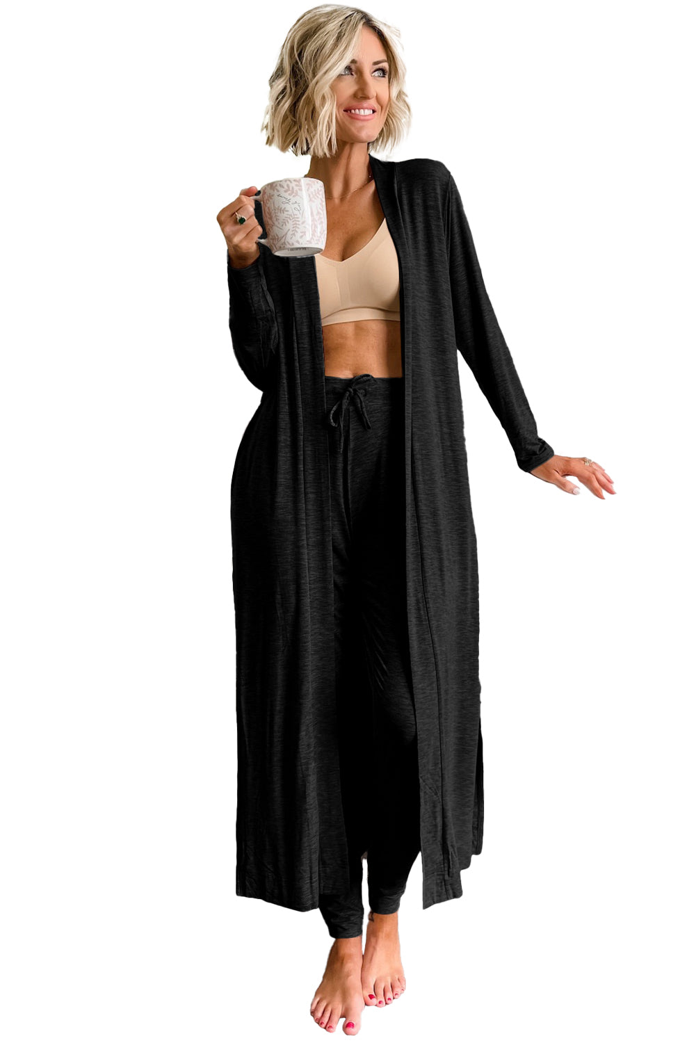 Black Split Long Cardigan and Skinny Pants Lounge Set-Chaelisa's New Jammies
