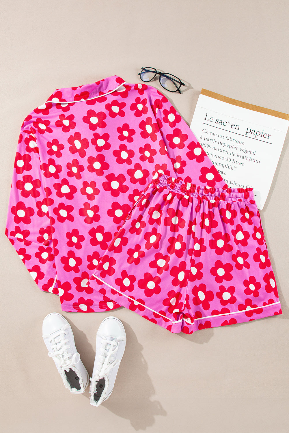 Pink Flower Print Long Sleeve Shirt Shorts Pajamas Set-Chaelisa's New Jammies