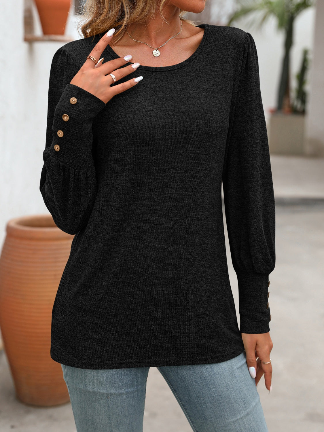 Decorative Button Round Neck Long Sleeve T-Shirt-Chaelisa's New Jammies