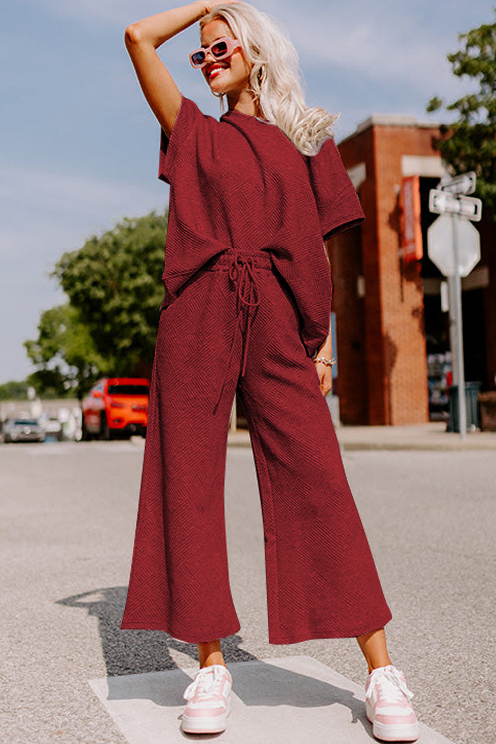 Red Dahlia Textured Loose Fit T Shirt and Drawstring Pants Set-Chaelisa's New Jammies