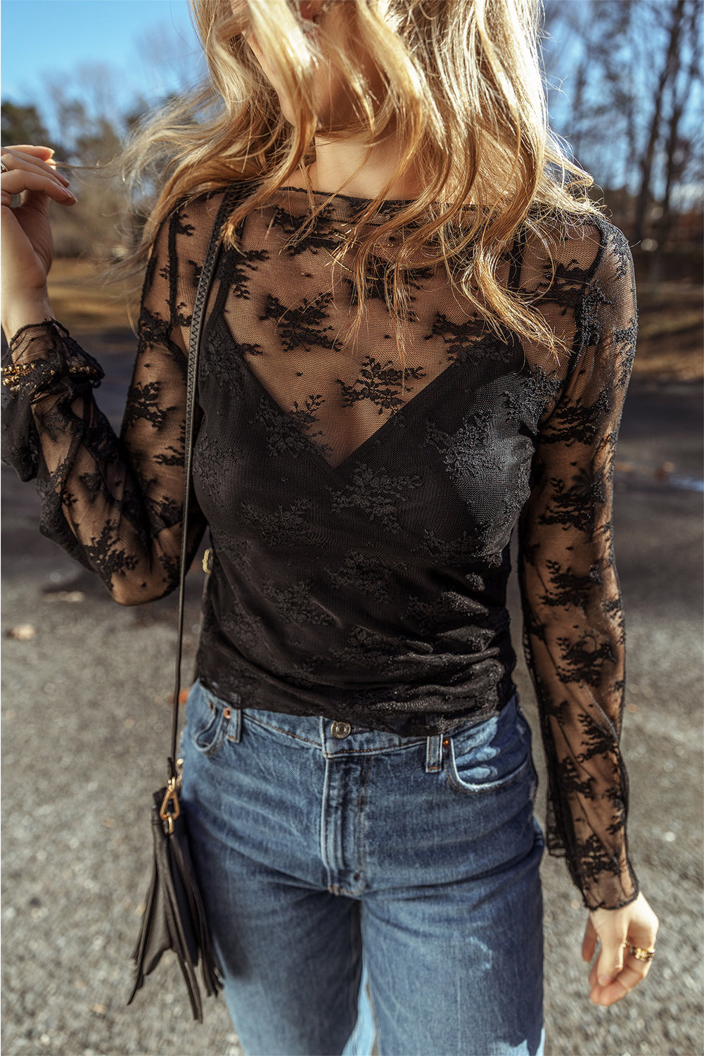 Black Lace Mesh Crochet Splicing Slim Fit Long Sleeve Blouse-Chaelisa's New Jammies