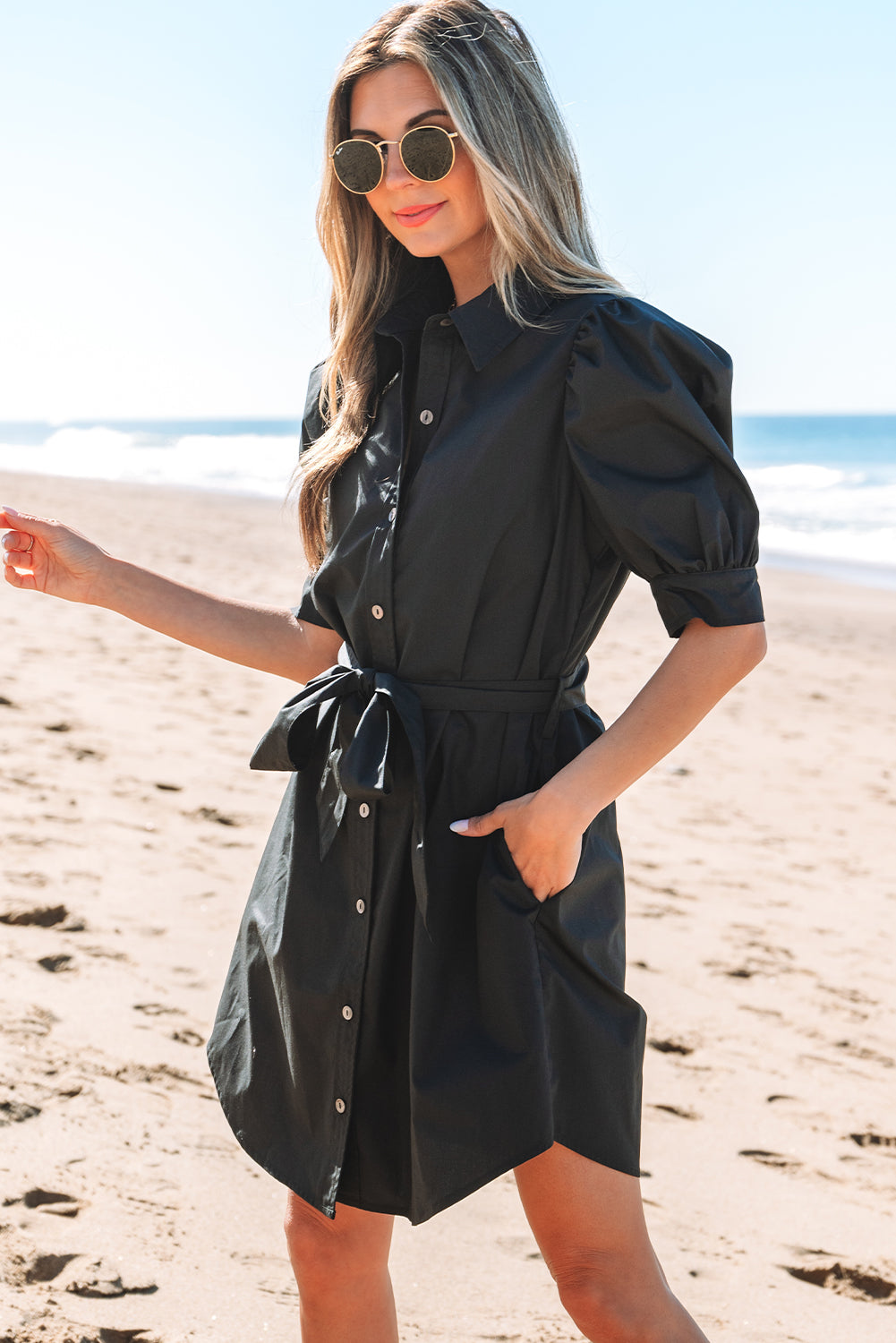 Black Button Up Tie Waist Puff Sleeve Mini Dress-Chaelisa's New Jammies