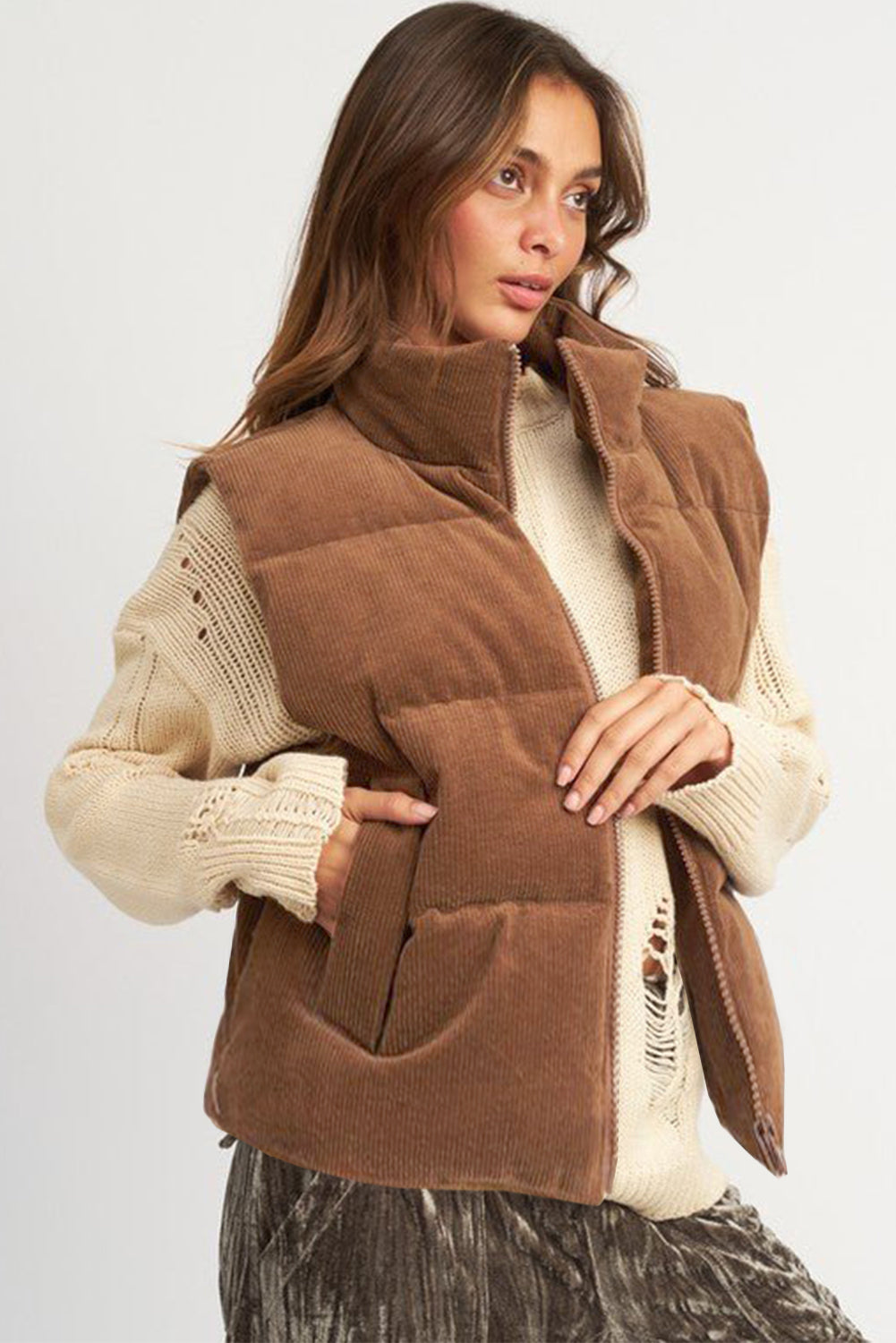 Coffee Corduroy Stand Neck Zipped Puffer Vest-Chaelisa's New Jammies