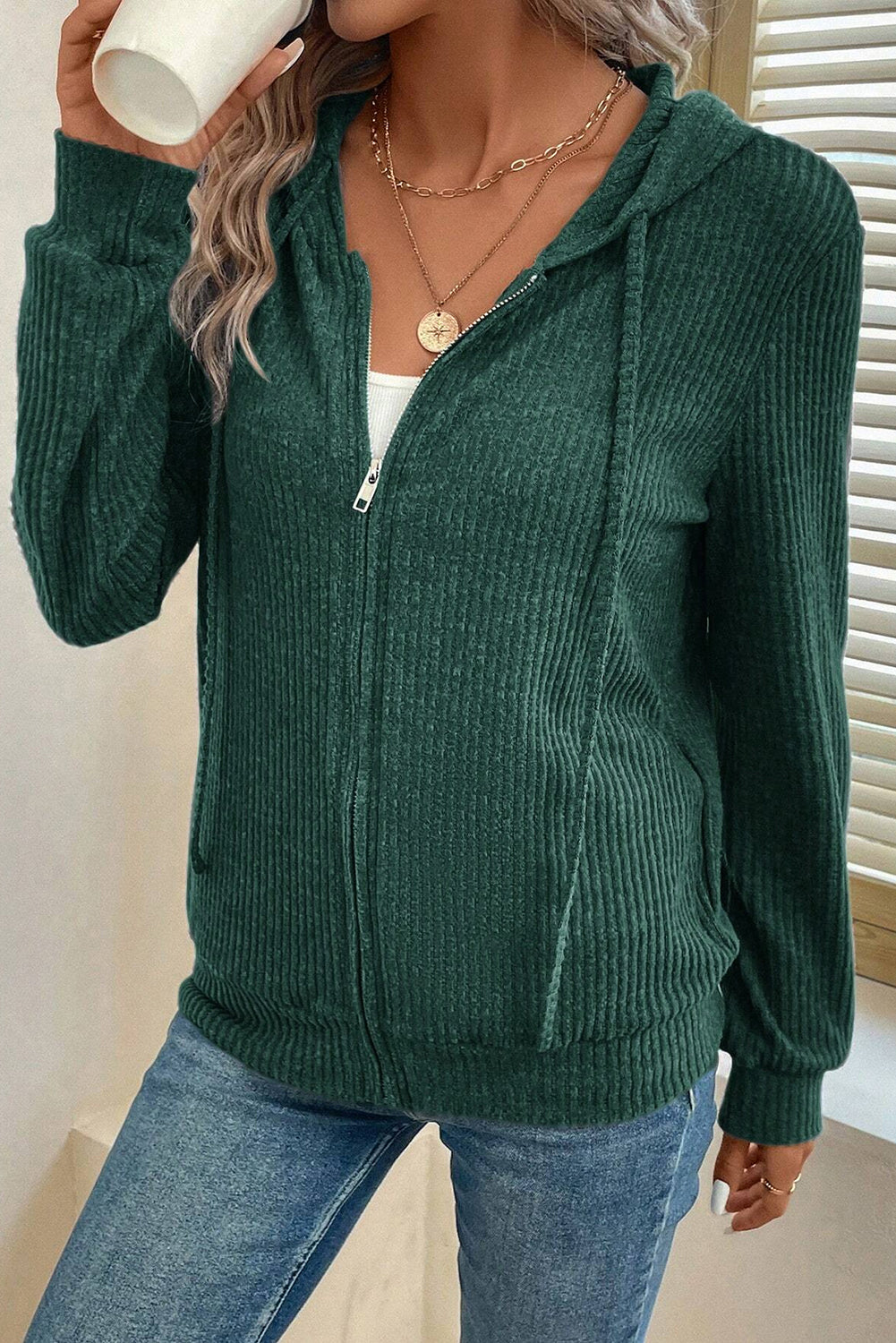 Evergreen Ribbed Zip Up Front Drawstring Hoodie-Chaelisa's New Jammies
