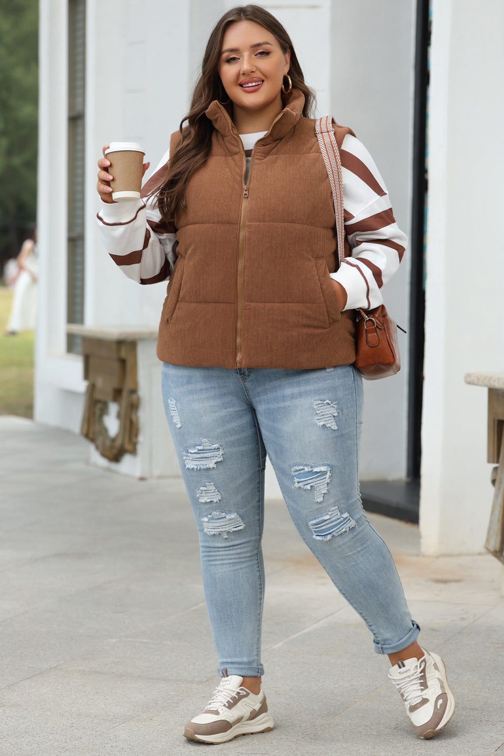 Coffee Corduroy Stand Neck Zipped Puffer Vest-Chaelisa's New Jammies