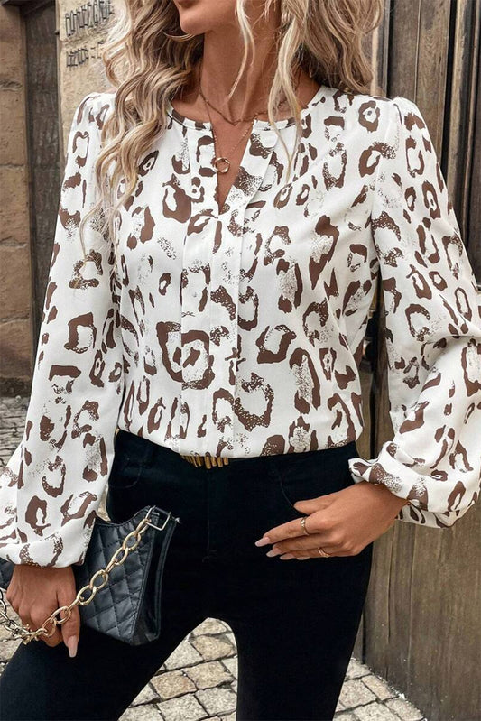 Khaki Leopard Print Split Neck Balloon Sleeve Blouse-Chaelisa's New Jammies