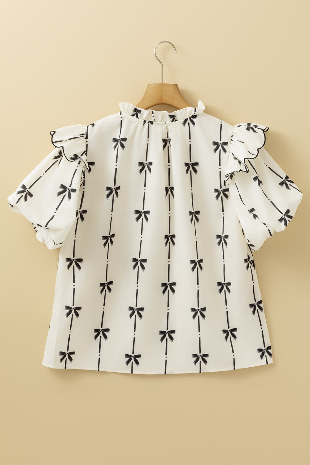 Beige Bow Printed Ruffled Bubble Sleeve Tied Notched V Neck Blouse-Chaelisa's New Jammies
