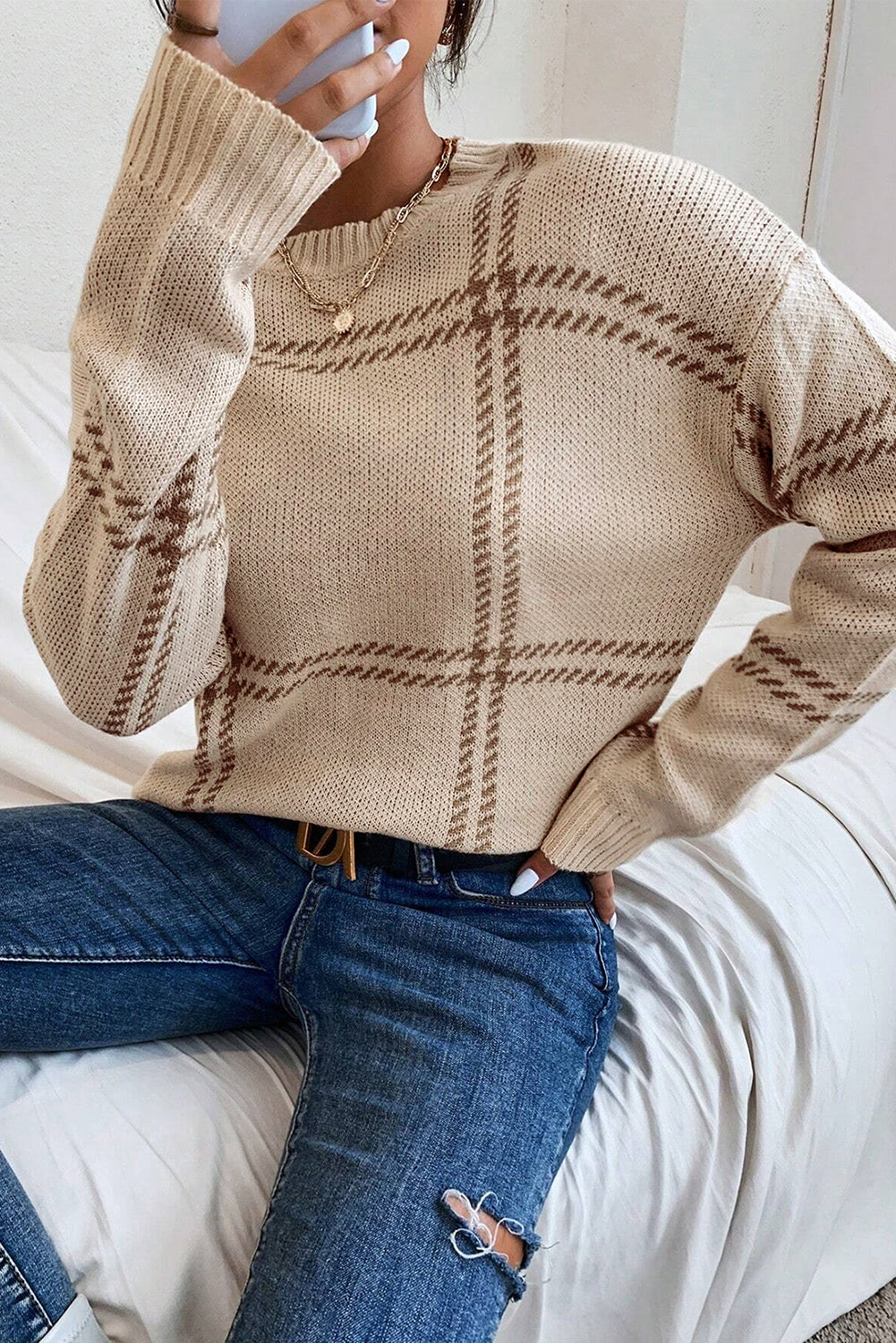 Khaki Plaid Pattern Knitted Drop Shoulder Sweater-Chaelisa's New Jammies