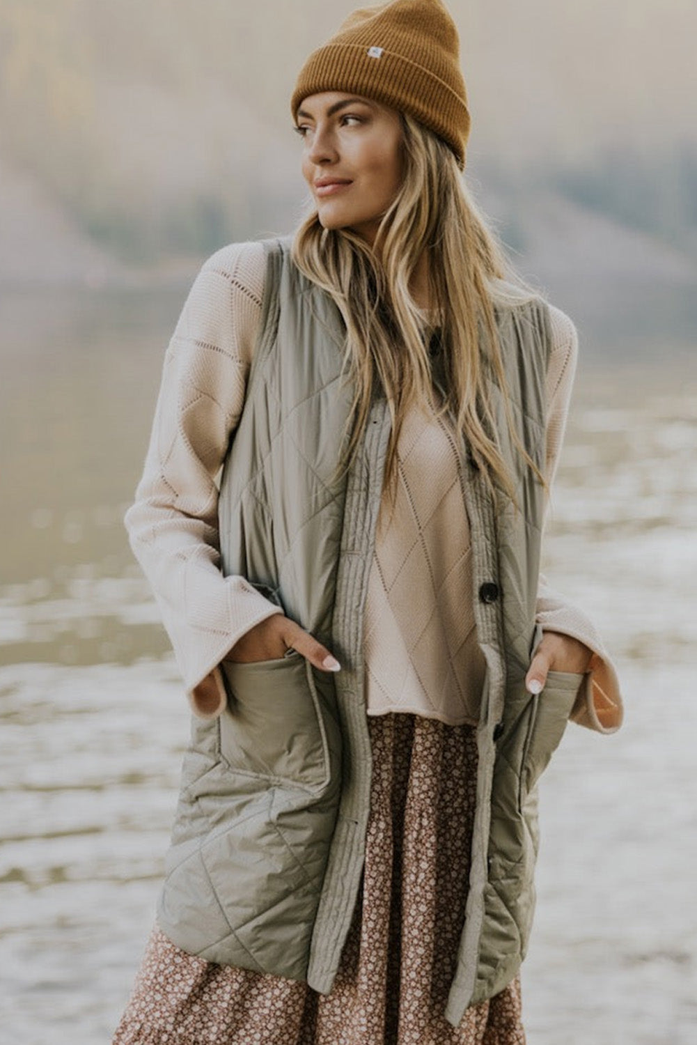 Grass Green Quilted Long Vest Jacket with Pockets-Chaelisa's New Jammies