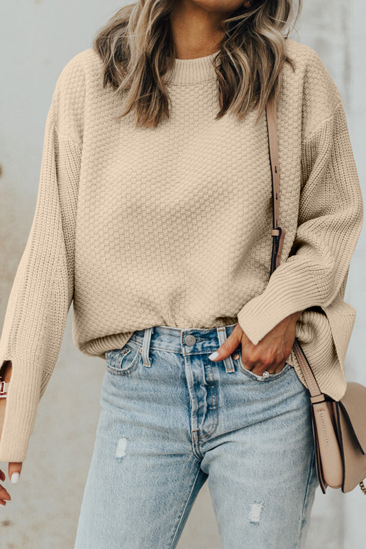 Parchment Solid Textured Knit Split Cuff Drop Shoulder Loose Sweater-Chaelisa's New Jammies