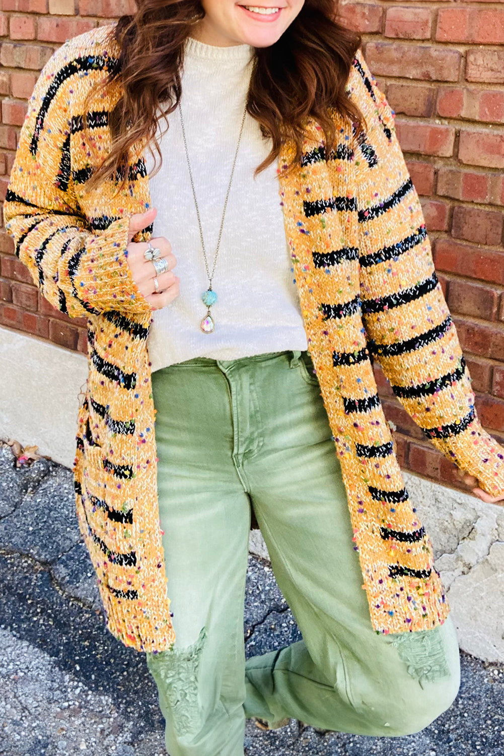 Beige Striped Pom Pom Knit Open Front Long Cardigan-Chaelisa's New Jammies