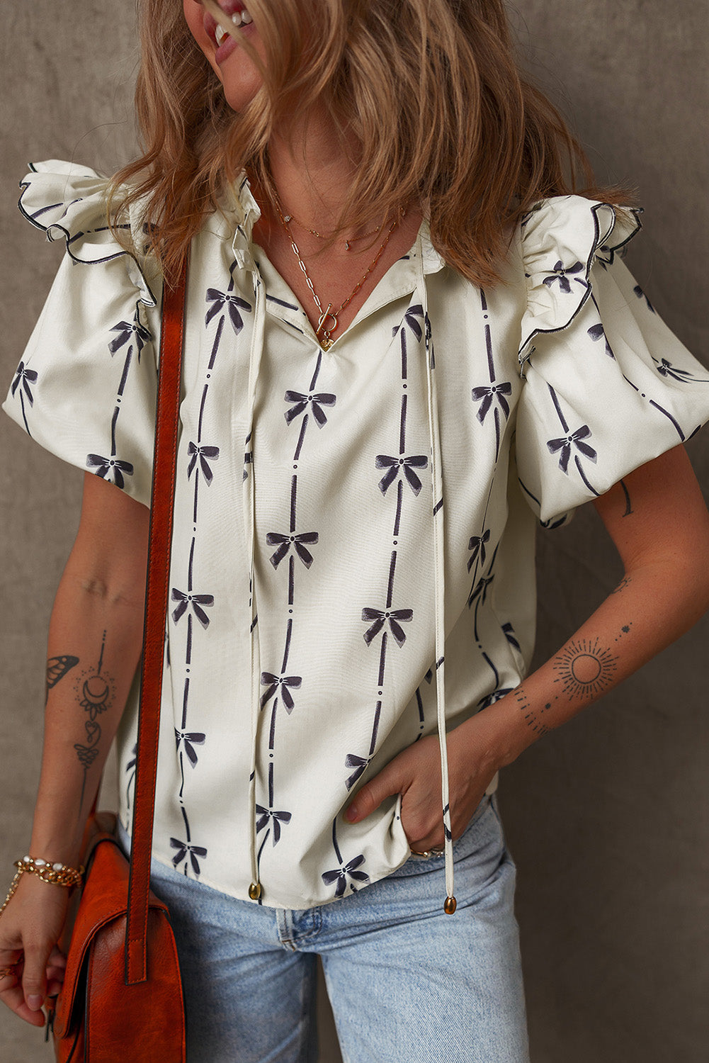 Beige Bow Printed Ruffled Bubble Sleeve Tied Notched V Neck Blouse-Chaelisa's New Jammies