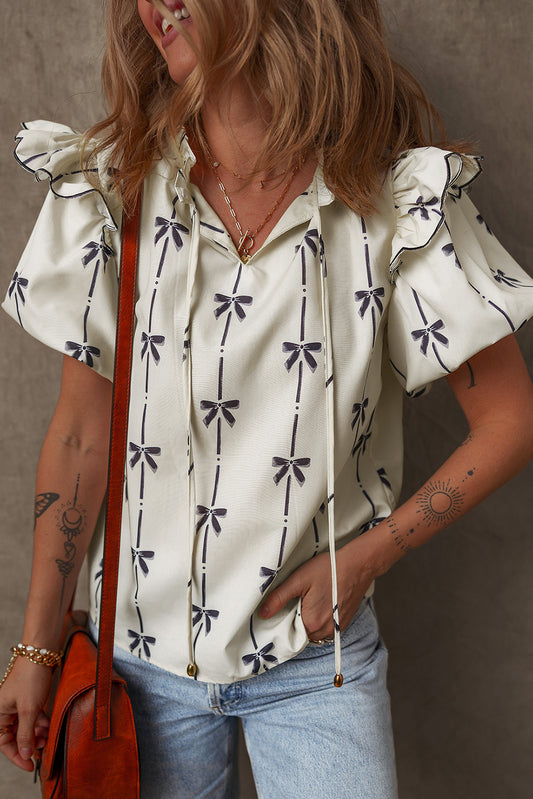 Beige Bow Printed Ruffled Bubble Sleeve Tied Notched V Neck Blouse-Chaelisa's New Jammies