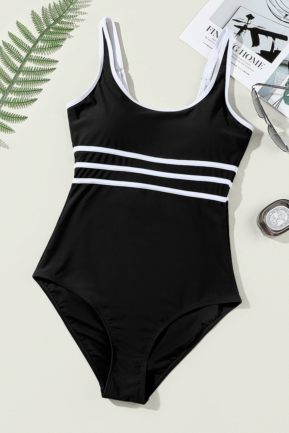 Black Contrast Trim Colorblock U Neck One Piece Swimwear-Chaelisa's New Jammies