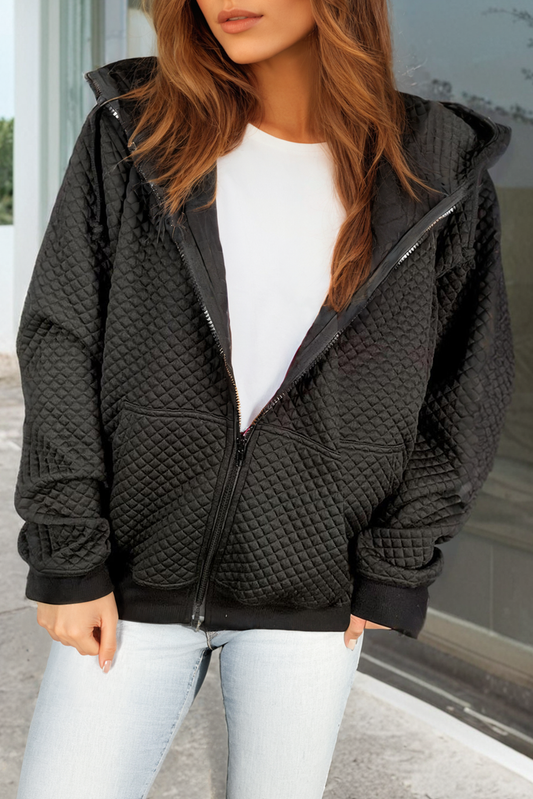 Black Quilted Side Pockets Zipper Hooded Jacket-Chaelisa's New Jammies