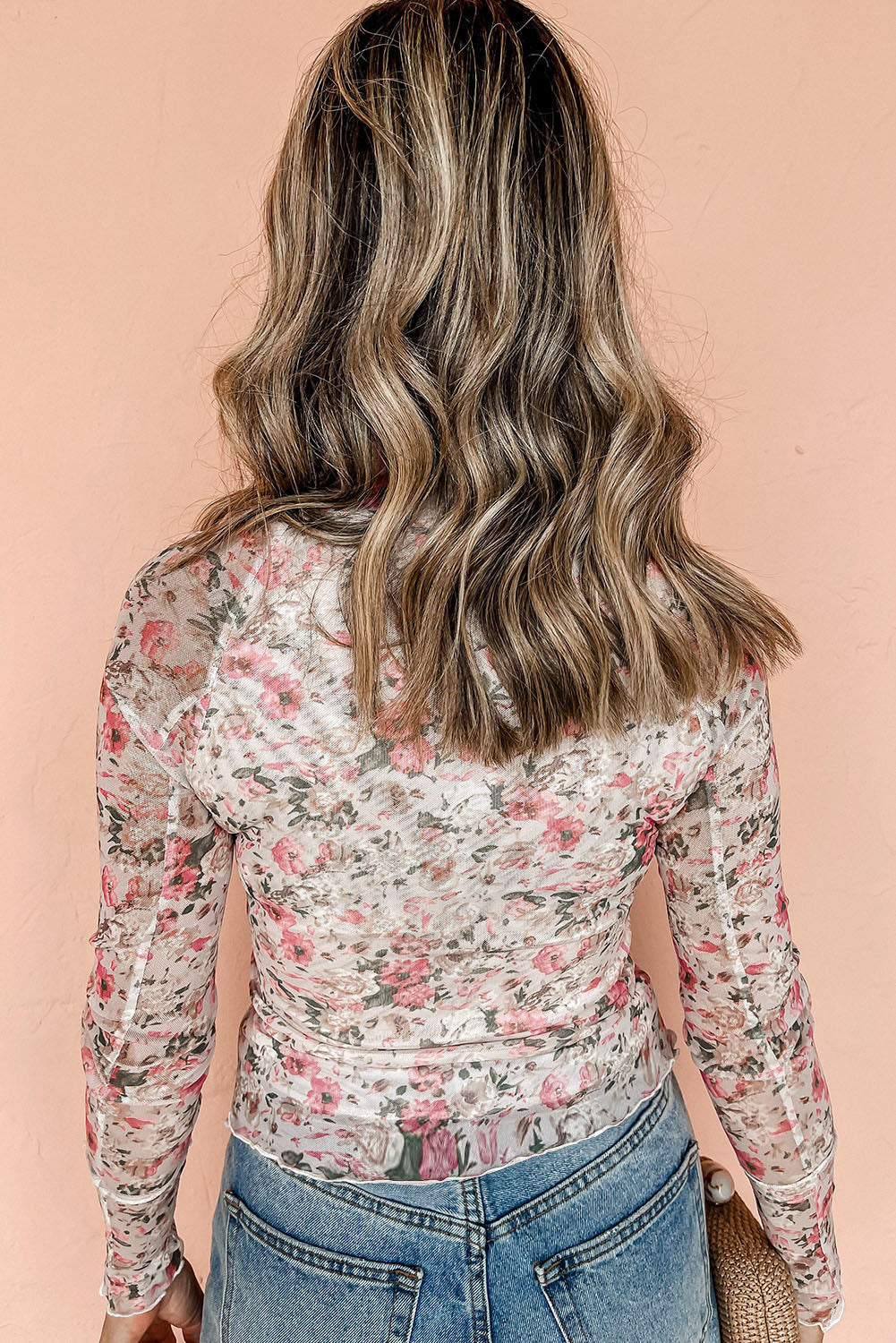 Pink Floral Long Sleeve High Neck Sheath Mesh Blouse-Chaelisa's New Jammies