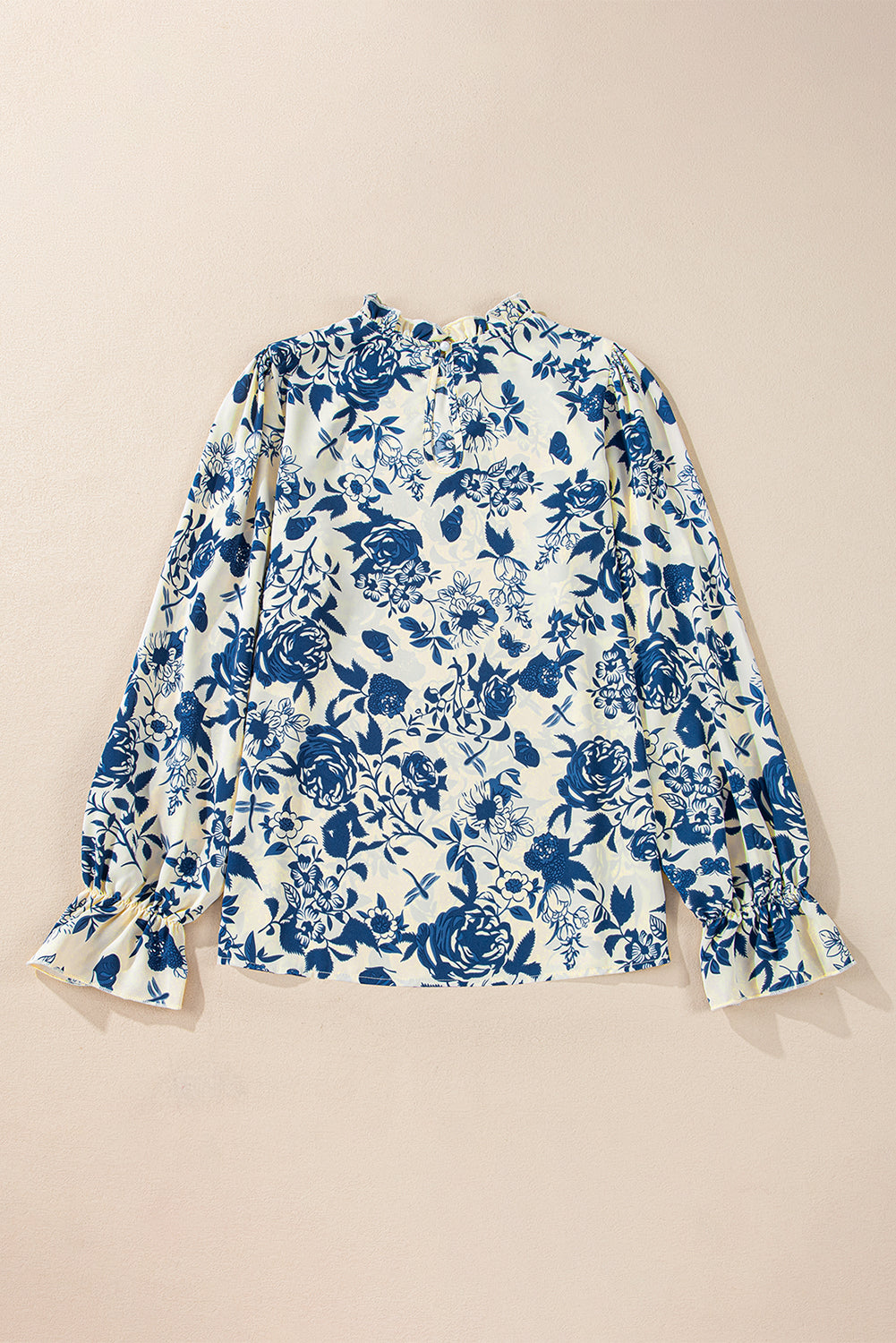 Sky Blue Floral Print Flounce Sleeve Keyhole Back Blouse-Chaelisa's New Jammies