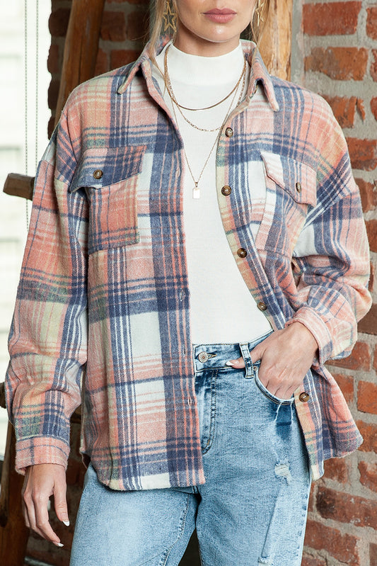 Pink & Grey Plaid Button Up Collared Flannel Shacket-Chaelisa's New Jammies
