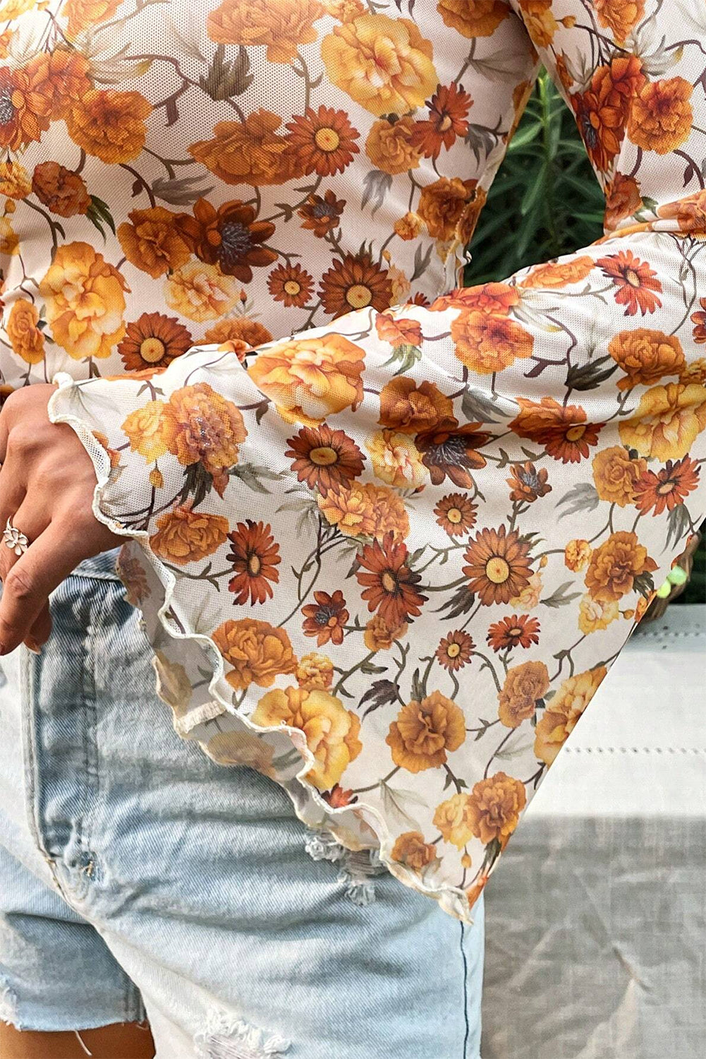 Orange Floral Printed Bell Sleeve Mock Neck Scallop Trim Blouse-Chaelisa's New Jammies