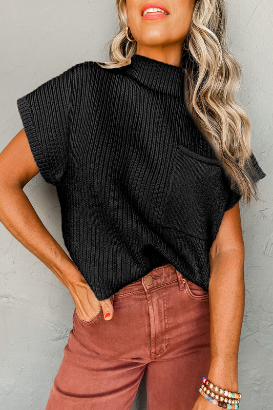 Black Patch Pocket Ribbed Knit Short Sleeve Sweater-Chaelisa's New Jammies