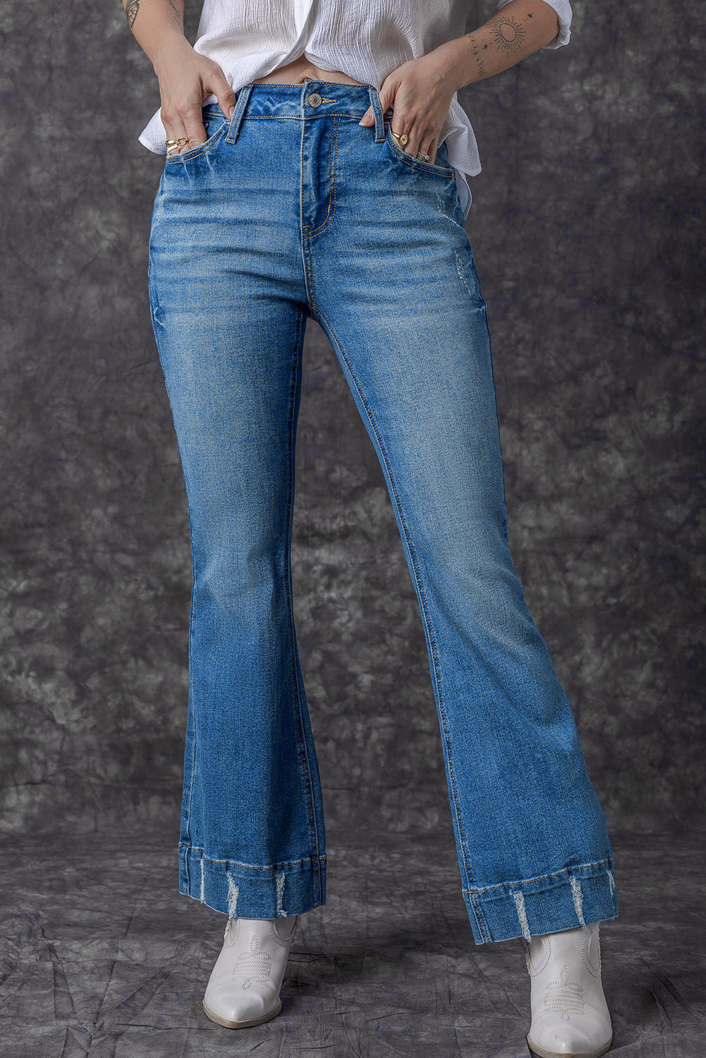 Sky Blue Slight Distressed Medium Wash Flare Jeans-Chaelisa's New Jammies