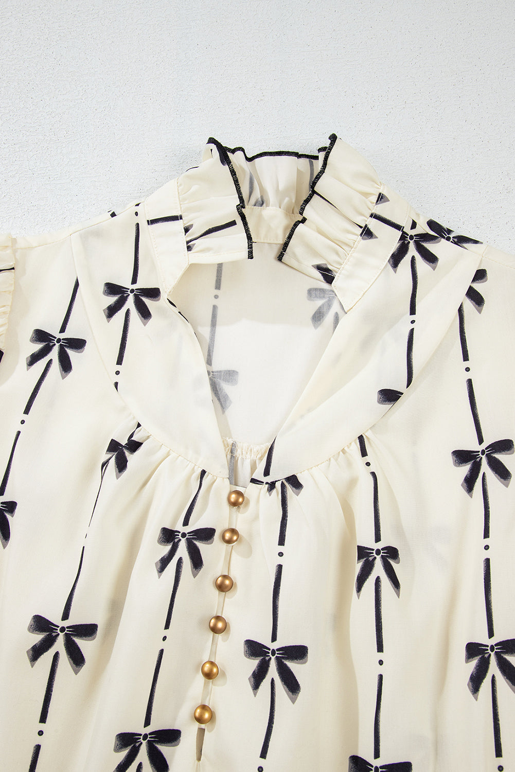 Beige Cute Bowknot Printed Bubble Sleeve V Neck Mini Dress-Chaelisa's New Jammies