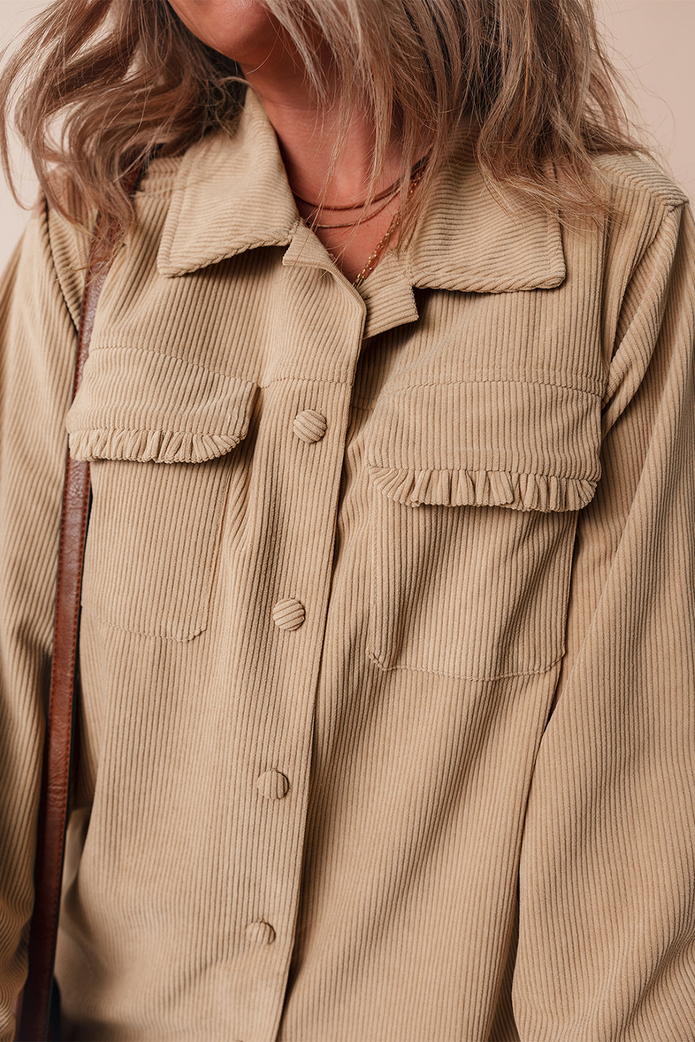Light French Beige Solid Frilled Flap Pocket Button Up Corduroy Shacket-Chaelisa's New Jammies