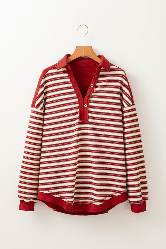 Red Stripe Buttoned V Neck Collared Drop Shoulder Top-Chaelisa's New Jammies