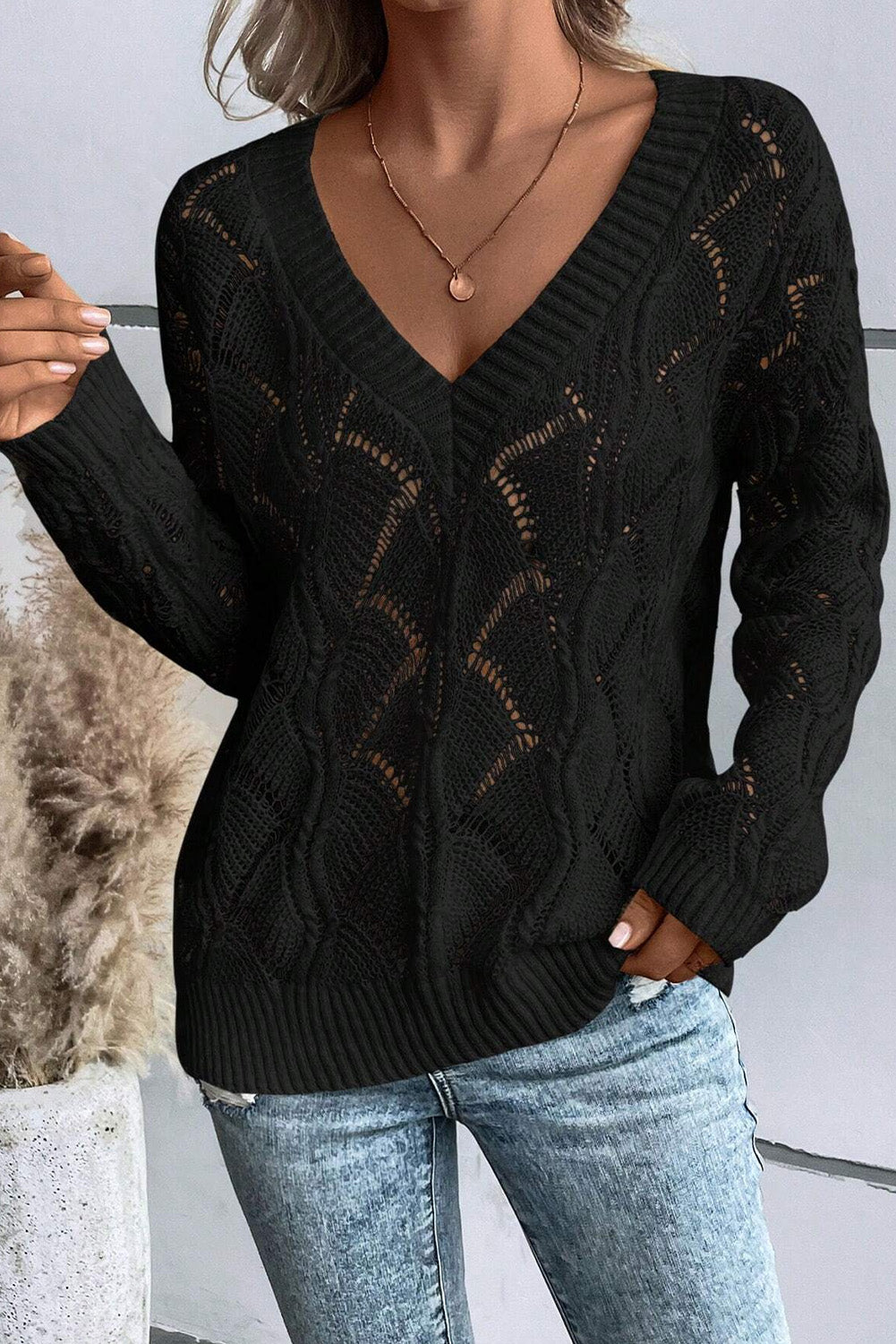 Black Hollow Out Knit V Neck Drop Shoulder Sweater-Chaelisa's New Jammies