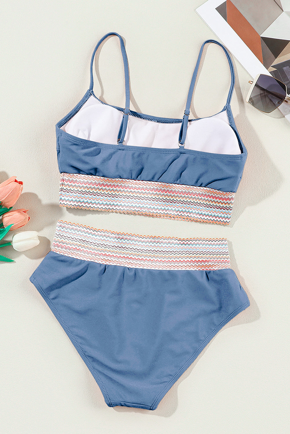 Dusk Blue Colorful Stitch Border Detail 2pcs High Waist Bikini Swimsuit