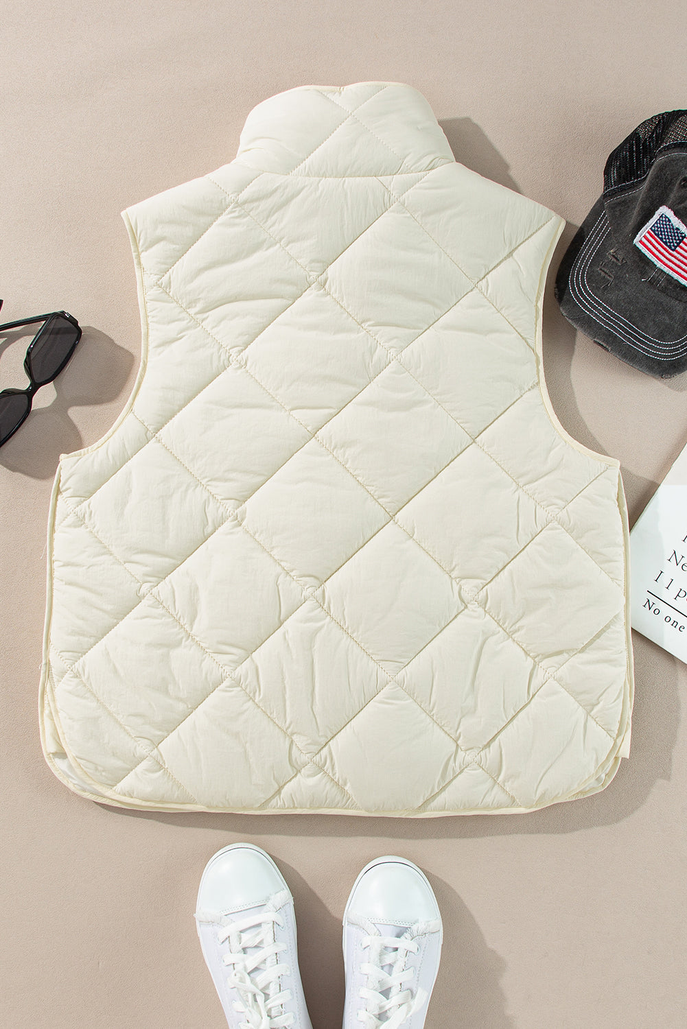 Beige Quilted High Neck Button Up Pocket Vest Coat-Chaelisa's New Jammies