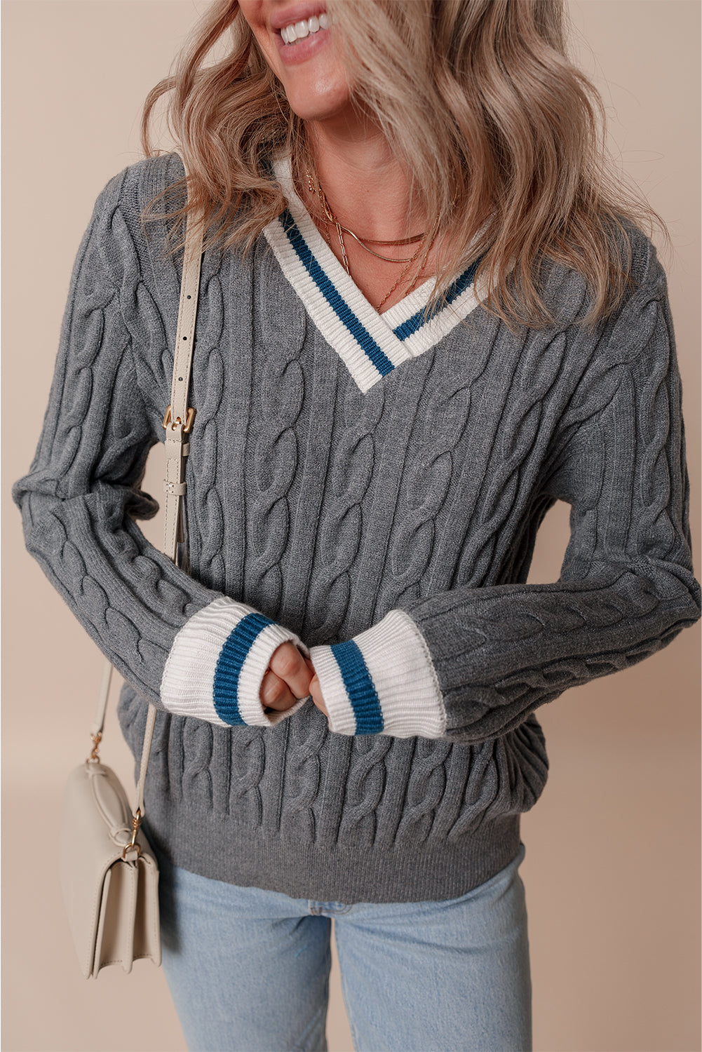 Medium Grey Color Contrast Ribbed Edge Cable Knit V Neck Sweater-Chaelisa's New Jammies