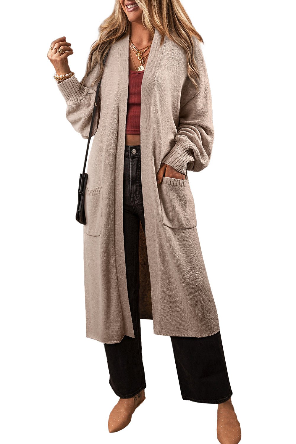 Beige Side Pockets Open Front Long Knitted Cardigan-Chaelisa's New Jammies