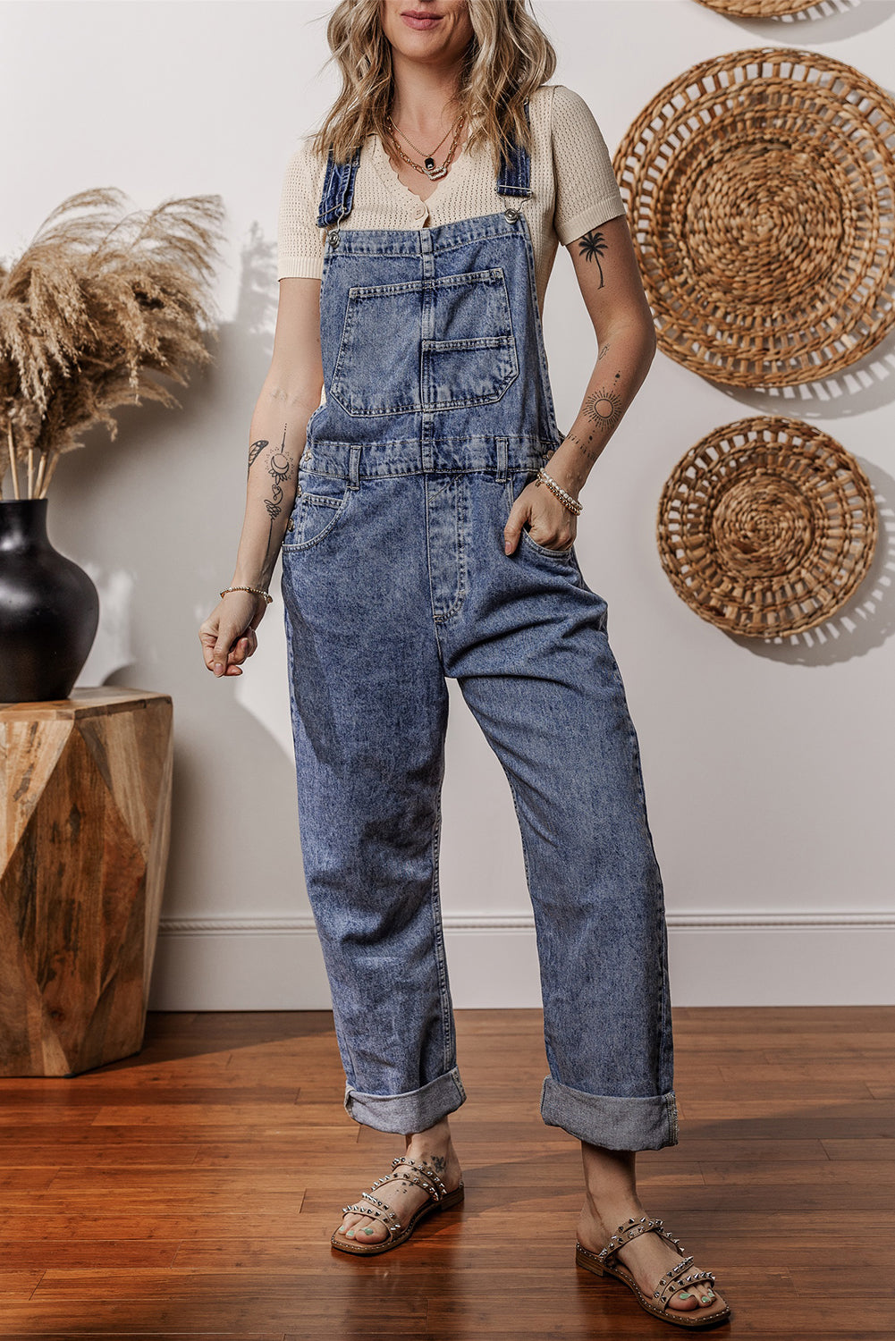 Sail Blue Denim Bib Straight Leg Jumpsuit with Pockets-Chaelisa's New Jammies