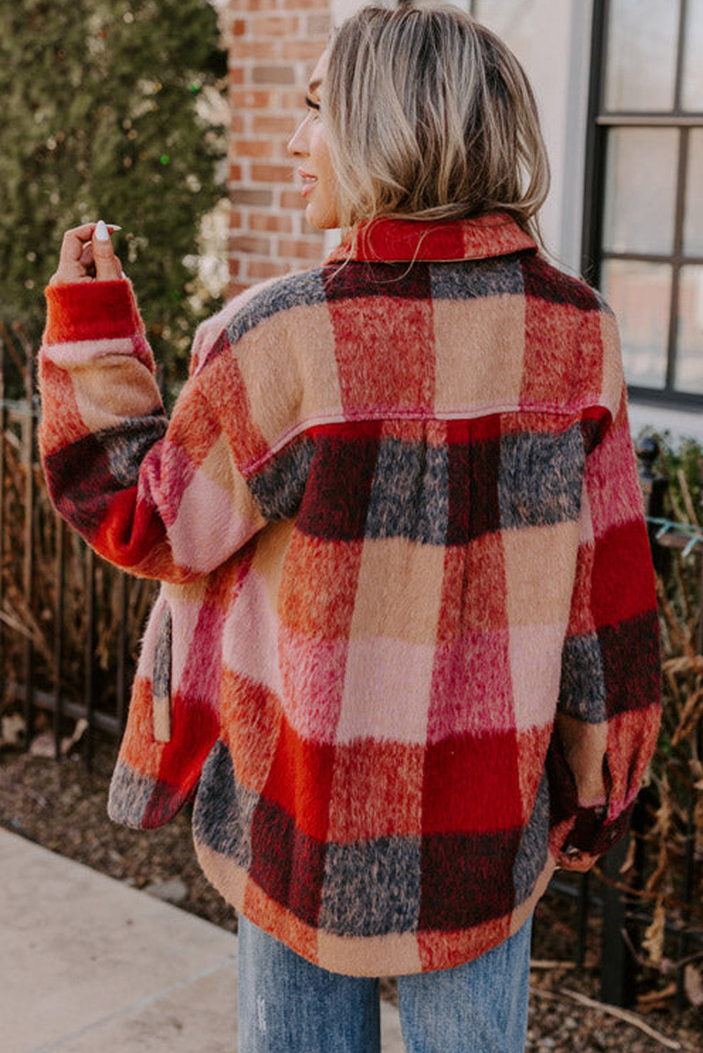 Orange Plaid Print Flap Pockets Buttoned Casual Plus Size Jacket-Chaelisa's New Jammies