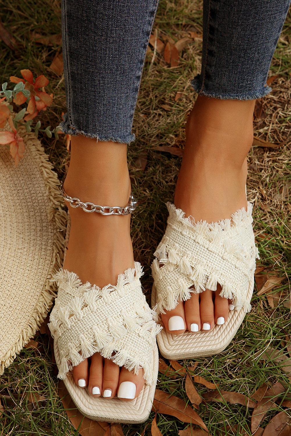 Beige Tassel Woven Crossed Straps Flat Slippers-Chaelisa's New Jammies