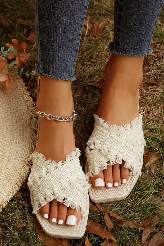 Beige Tassel Woven Crossed Straps Flat Slippers-Chaelisa's New Jammies