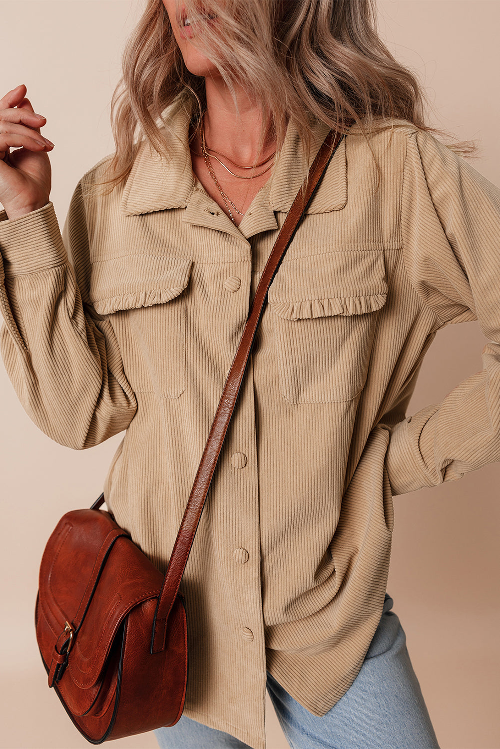 Light French Beige Solid Frilled Flap Pocket Button Up Corduroy Shacket-Chaelisa's New Jammies