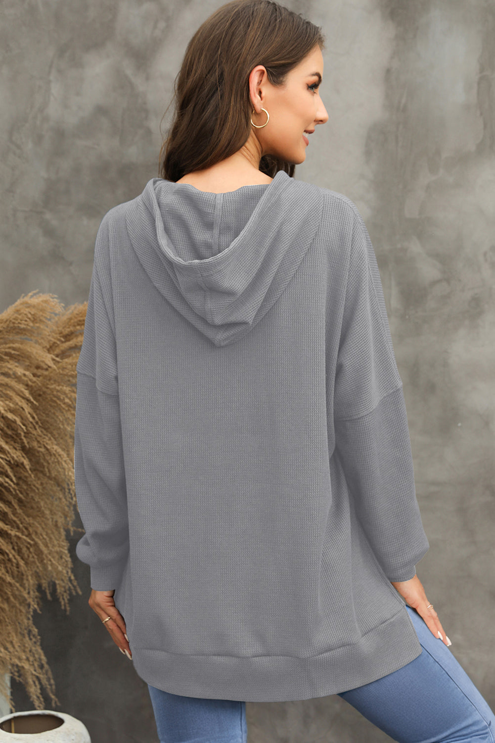 Gray Waffle Knit Fleece Lined High Low Oversized Hoodie-Chaelisa's New Jammies