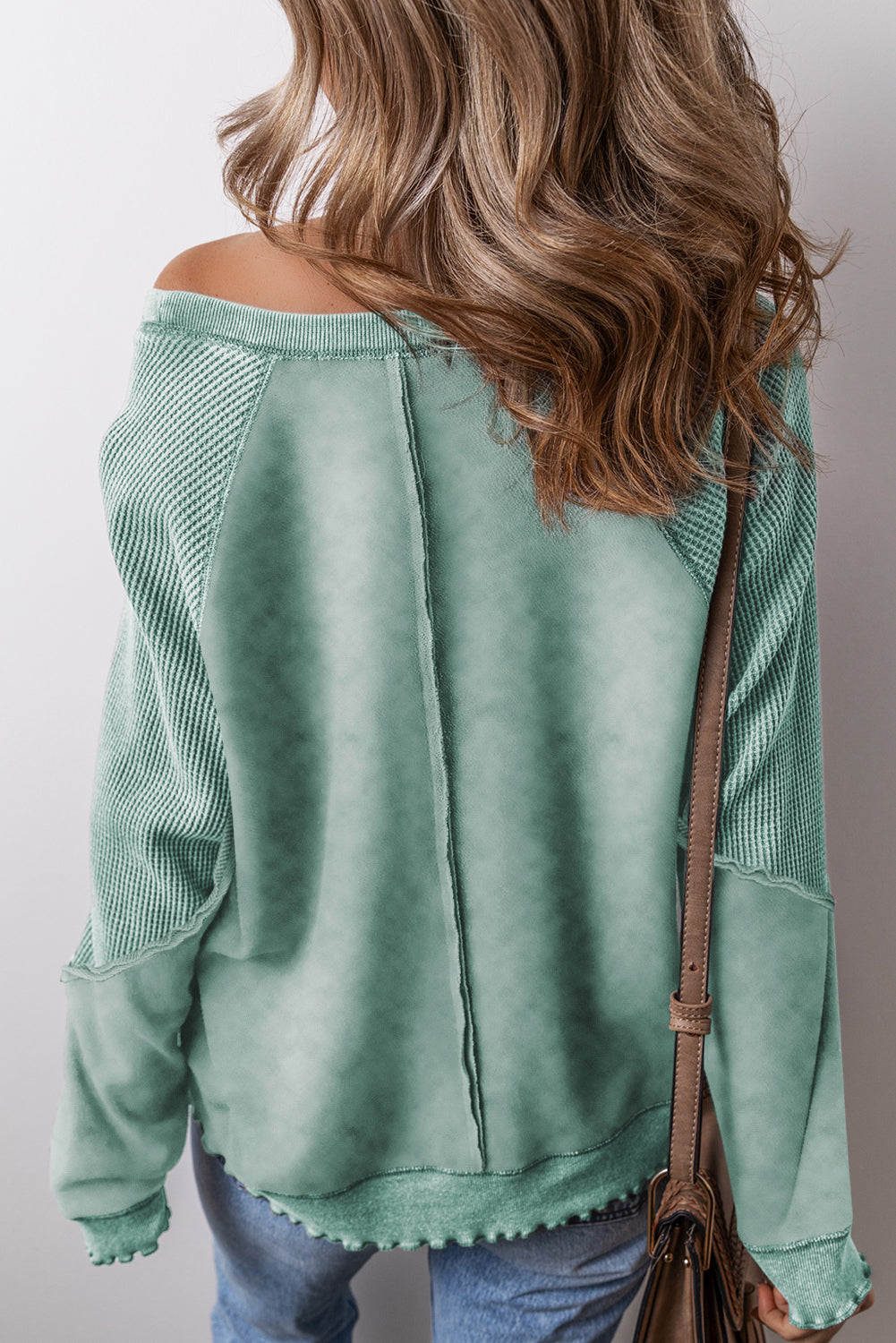 Mineral Blue Solid Waffle Knit Patchwork Raglan Sleeve Sweatshirt-Chaelisa's New Jammies