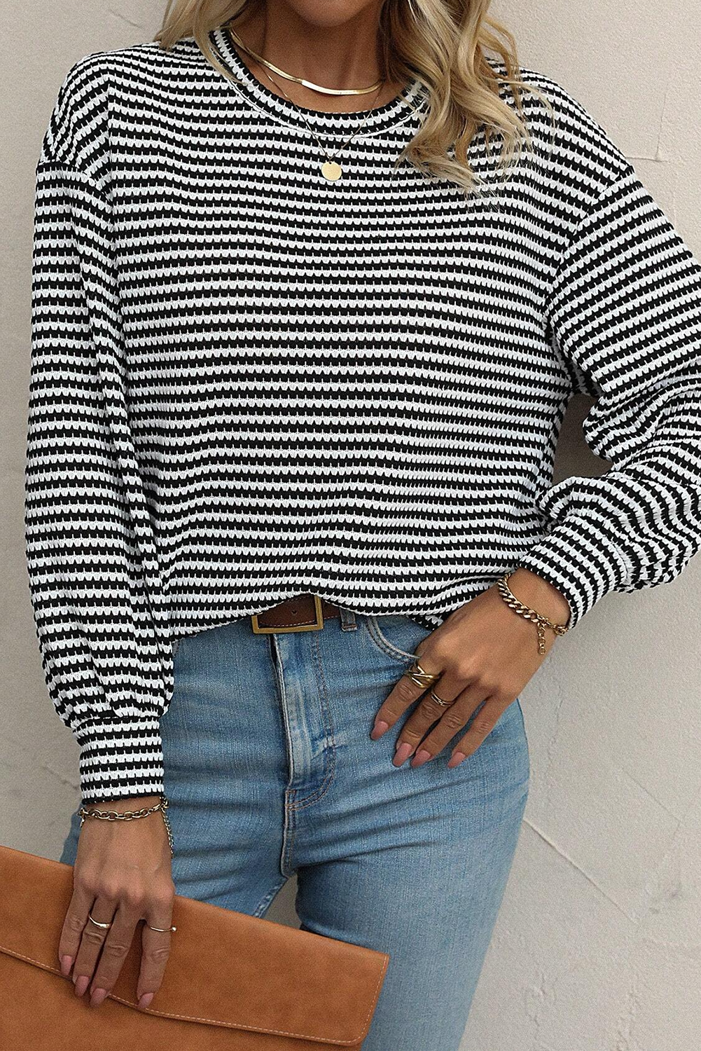Black Stripe Round Neck Drop Shoulder Long Sleeve Top-Chaelisa's New Jammies