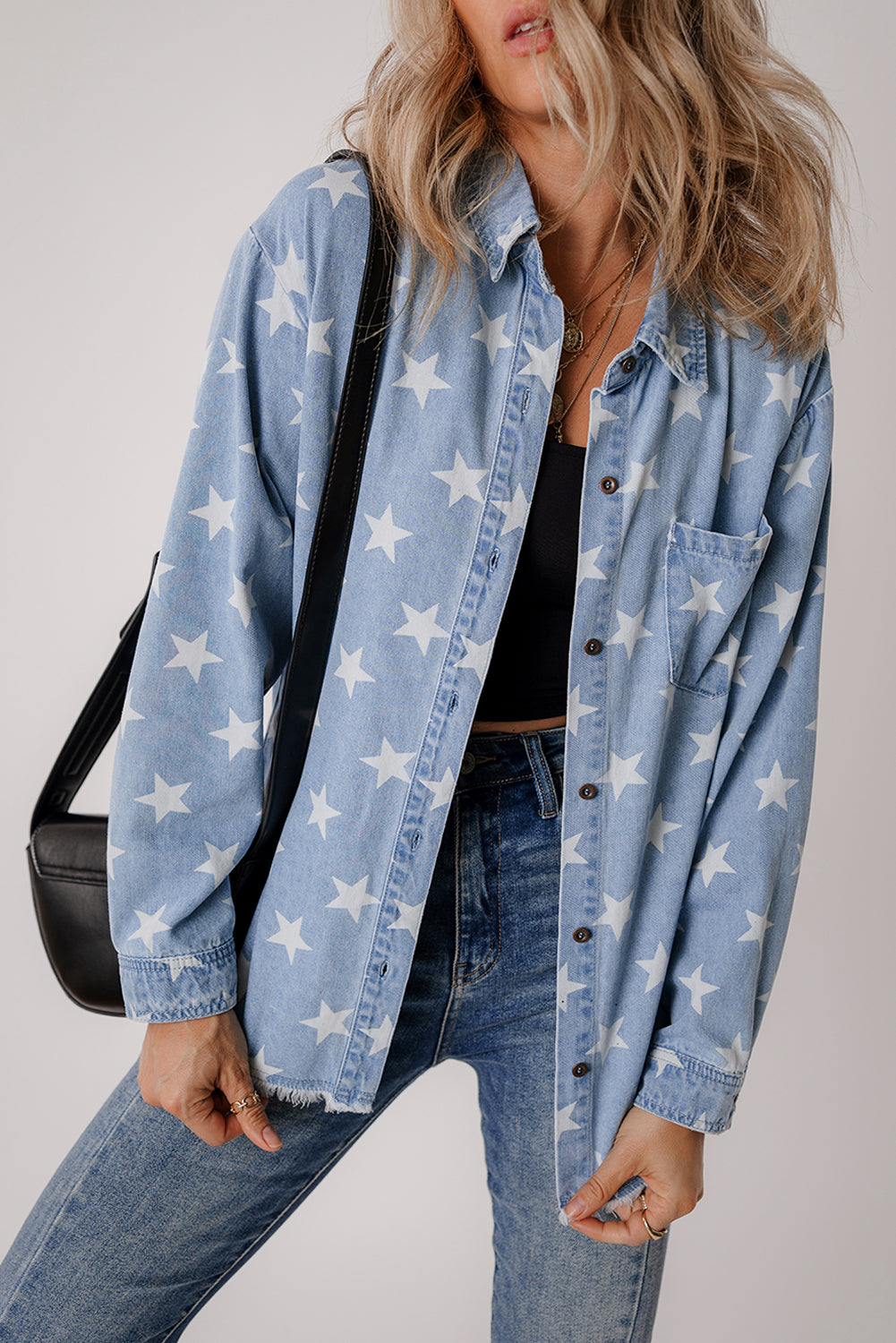 Sky Blue Star Print Light Wash Raw Hem Denim Jacket-Chaelisa's New Jammies