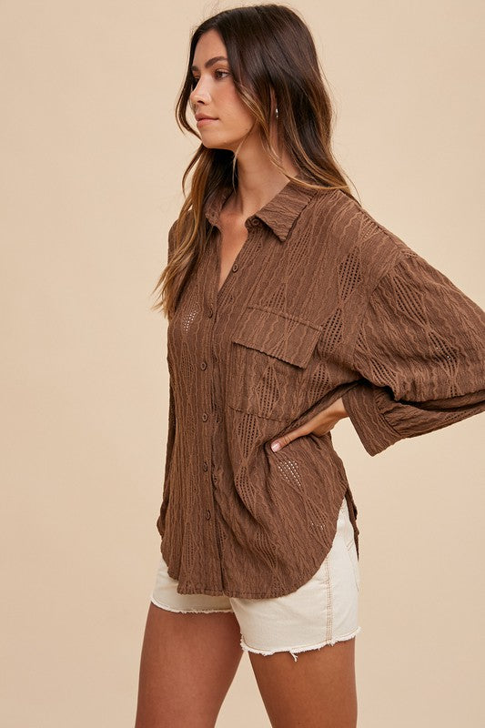 Annie Wear Openwork Button Down Drop Shoulder Shirt-Chaelisa's New Jammies