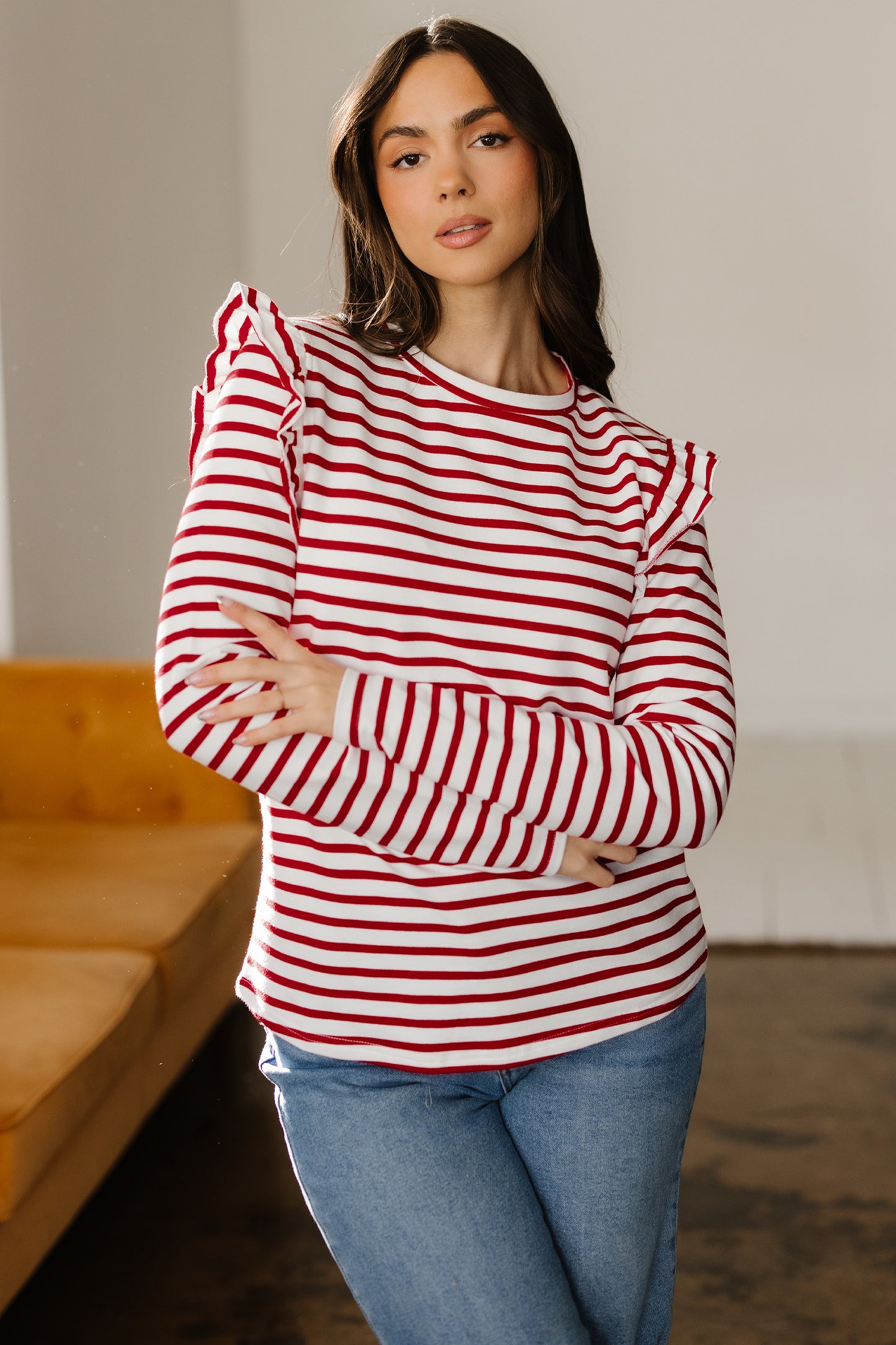 Red Stripe Round Neck Ruffle Trim Long Sleeve Top
