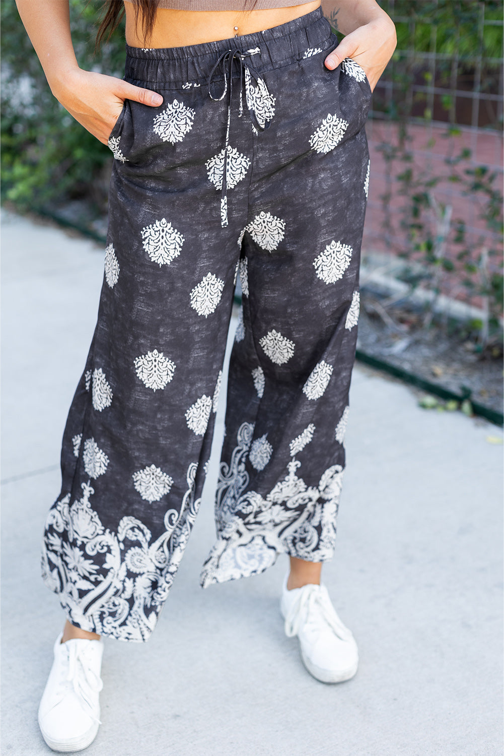 Black Bohemian Printed Drawstring Waist Wide Leg Pants-Chaelisa's New Jammies