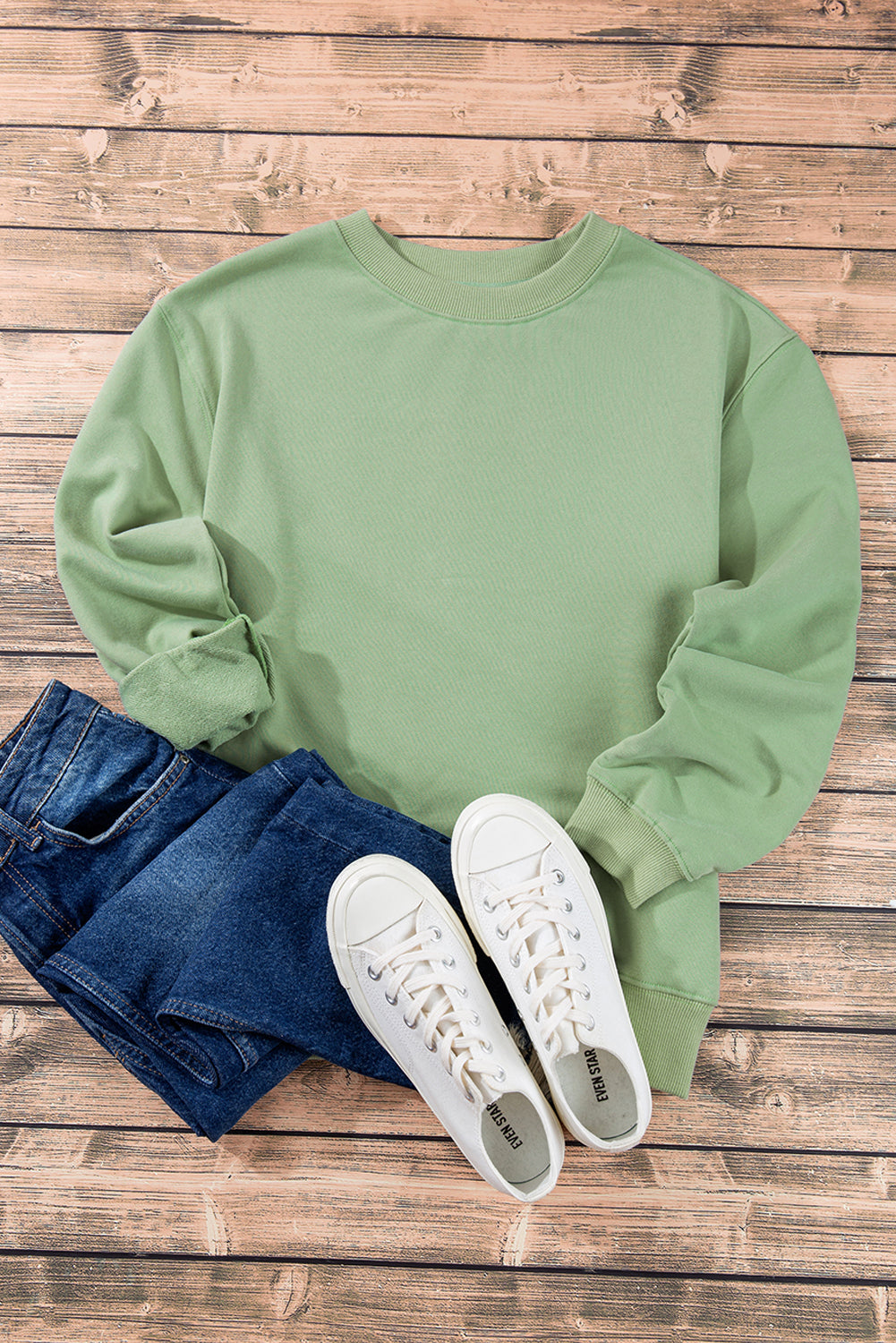 Smoke Green Plain Drop Shoulder Crewneck Pullover Sweatshirt-Chaelisa's New Jammies