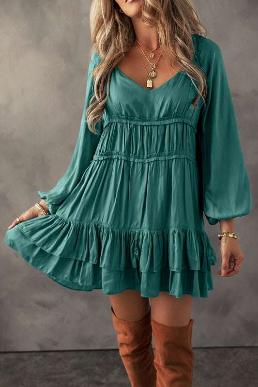 Mist Green Tiered Ruffled Puff Sleeve Loose Fit Mini Dress-Chaelisa's New Jammies