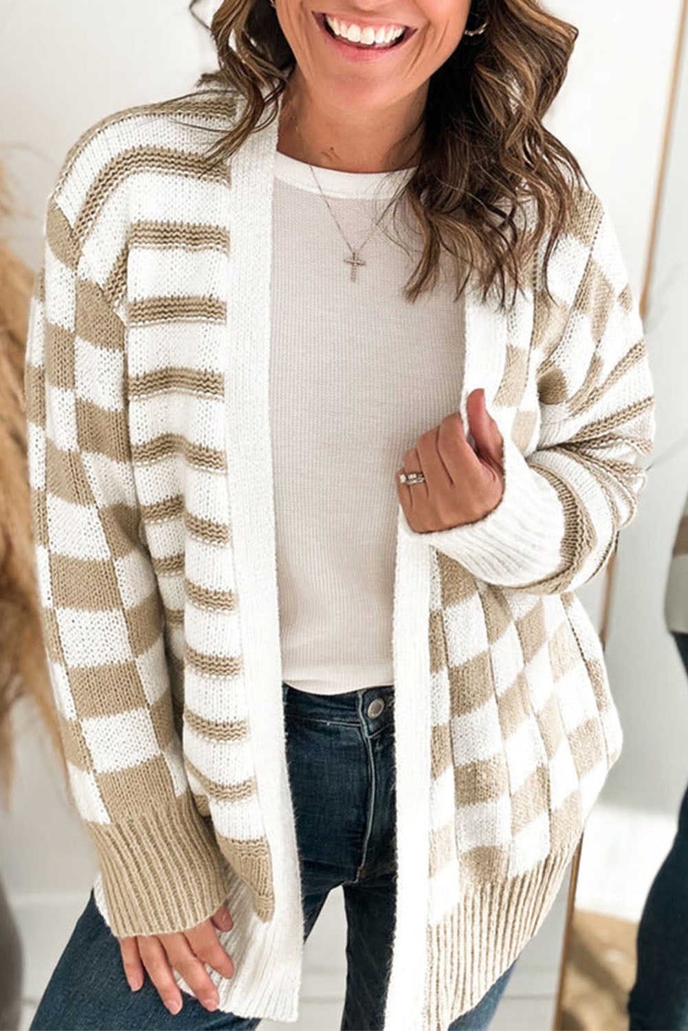 Smoke Gray Gingham Striped Knitted Open Front Cardigan-Chaelisa's New Jammies