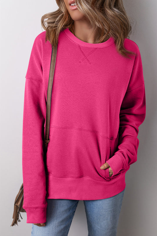 Rose Red Drop Shoulder Crisscross Stitching Pocketed Loose Sweatshirt-Chaelisa's New Jammies
