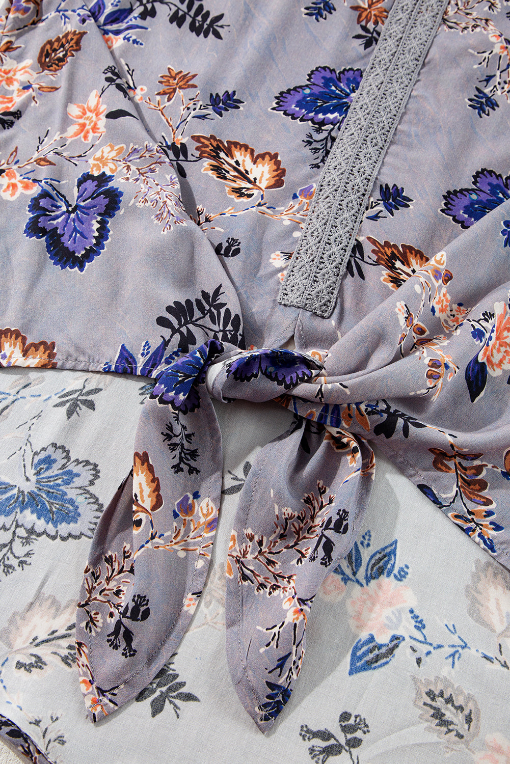 Sky Blue Floral Print Lace Patchwork Knot Front V Neck Blouse-Chaelisa's New Jammies